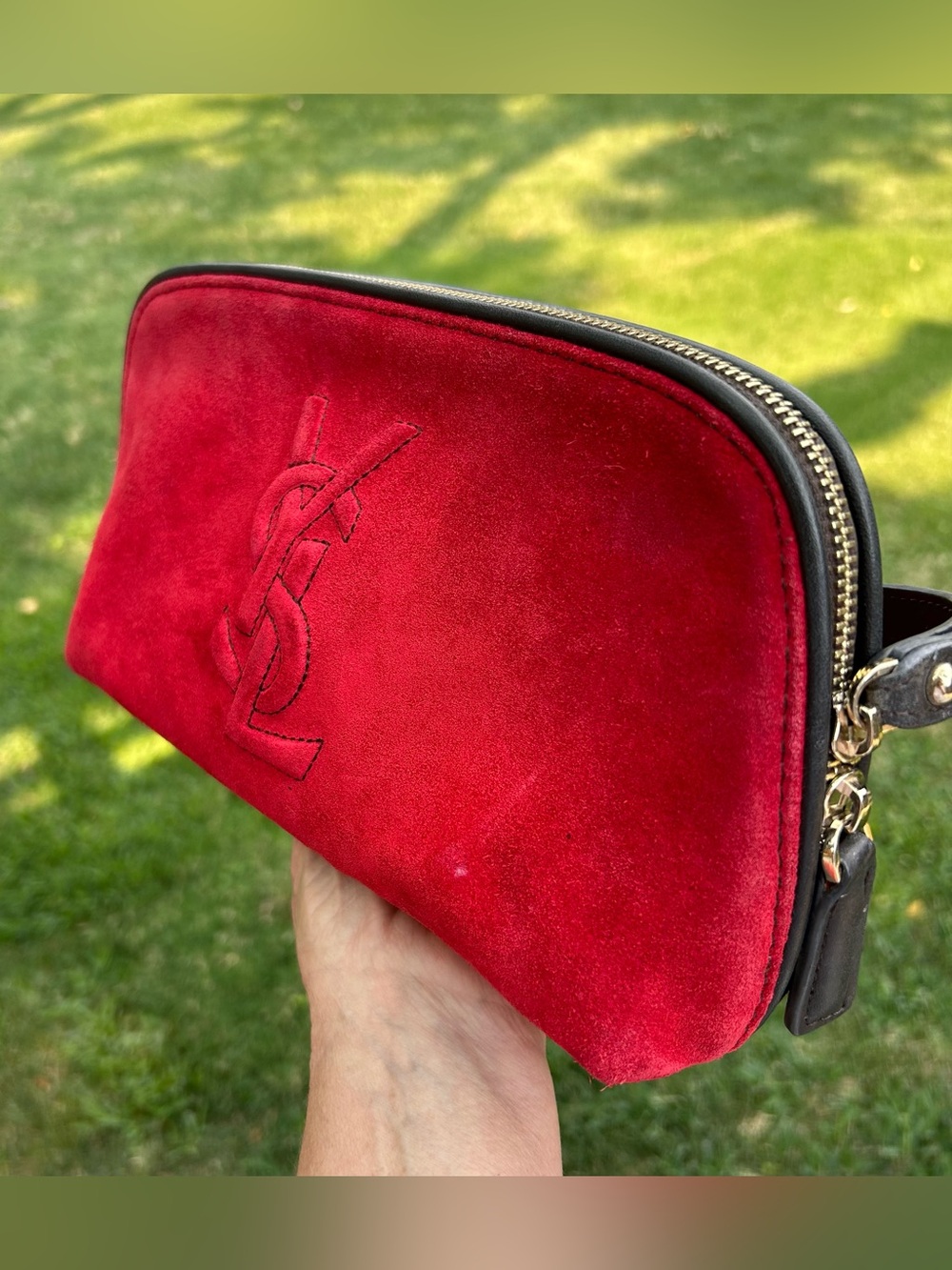 Vintage YSL Yves Saint Laurent Red Suede Cosmetic Makeup Bag Pouch Wristlet